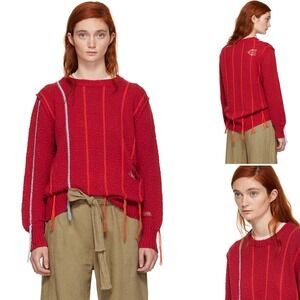 Raquel Allegra Striped Tassel Fringe Sweater in Red Size Medium